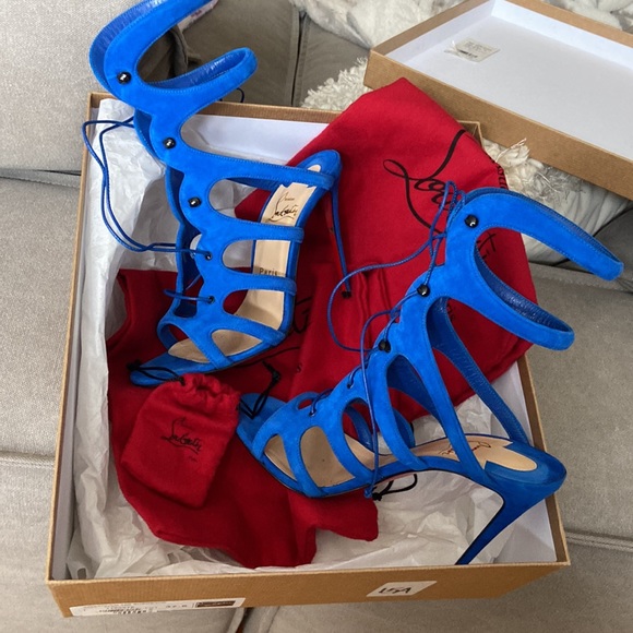Christian Louboutin Amazoulo 100 Blue Suede Lace-Up Heel sz 37.5 $1500.00 - Picture 9 of 13